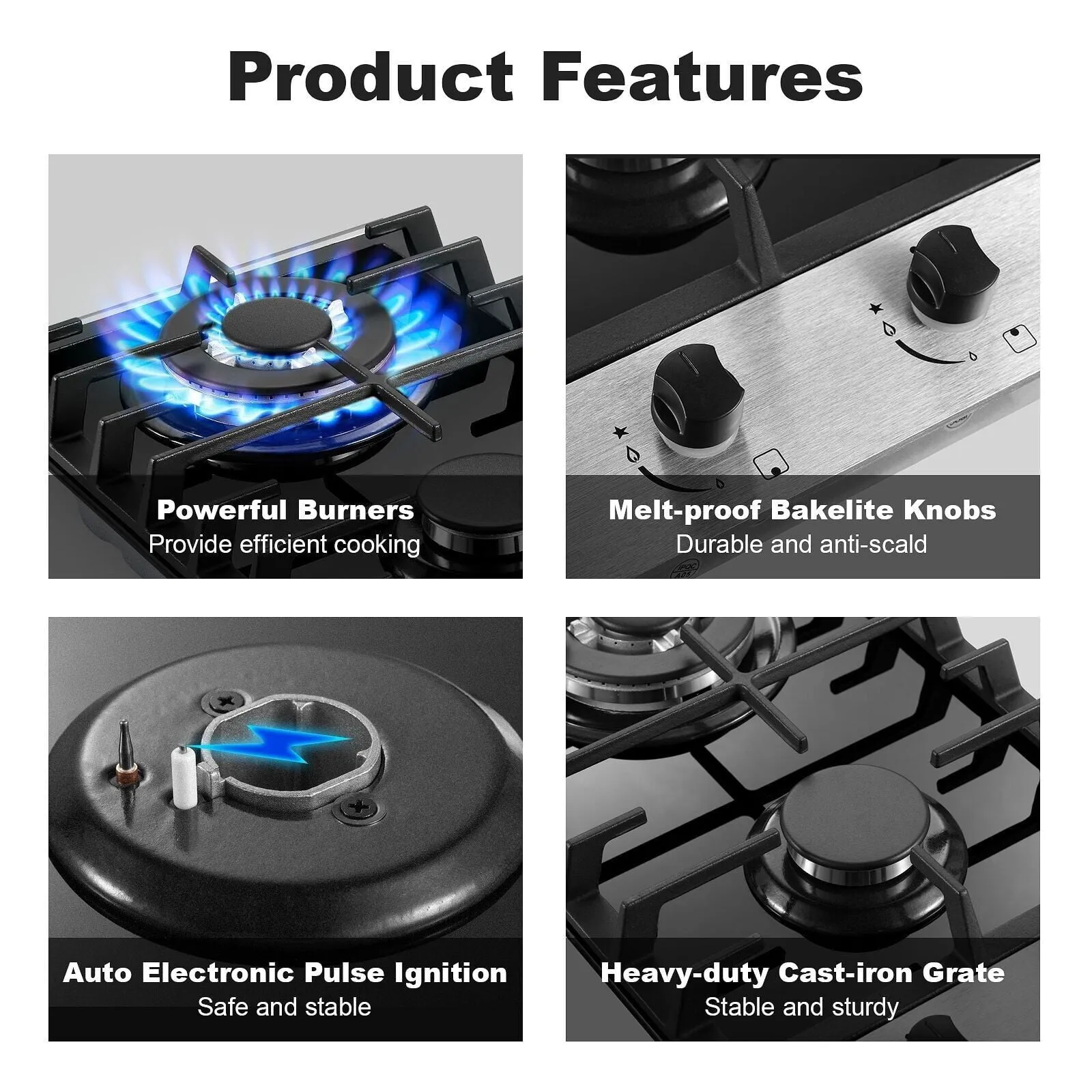 2-Burners Gas Cooktop 12 inch Stainless Steel Tempered Glass NG/LPG Convertible