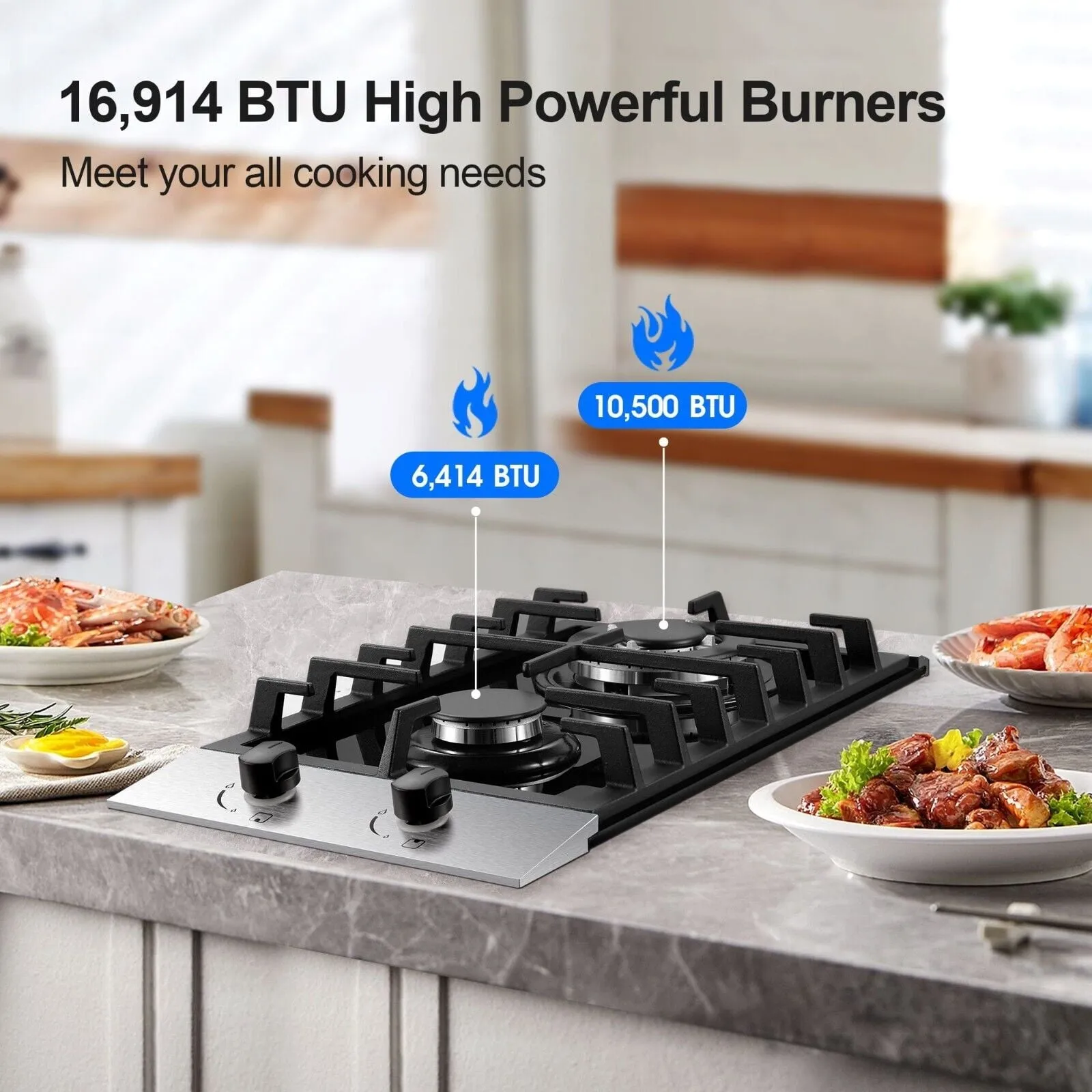 2-Burners Gas Cooktop 12 inch Stainless Steel Tempered Glass NG/LPG Convertible