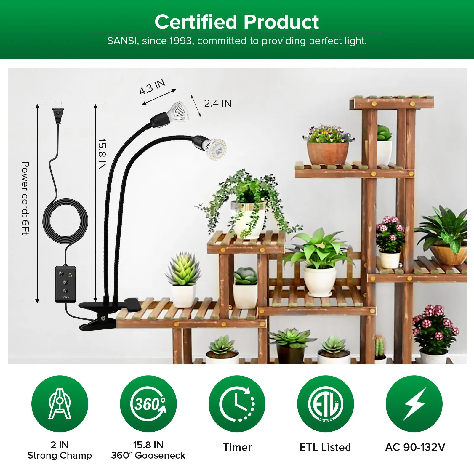 20W Adjustable 2-Head Clip-on LED Grow Light With Timer/No Timer
