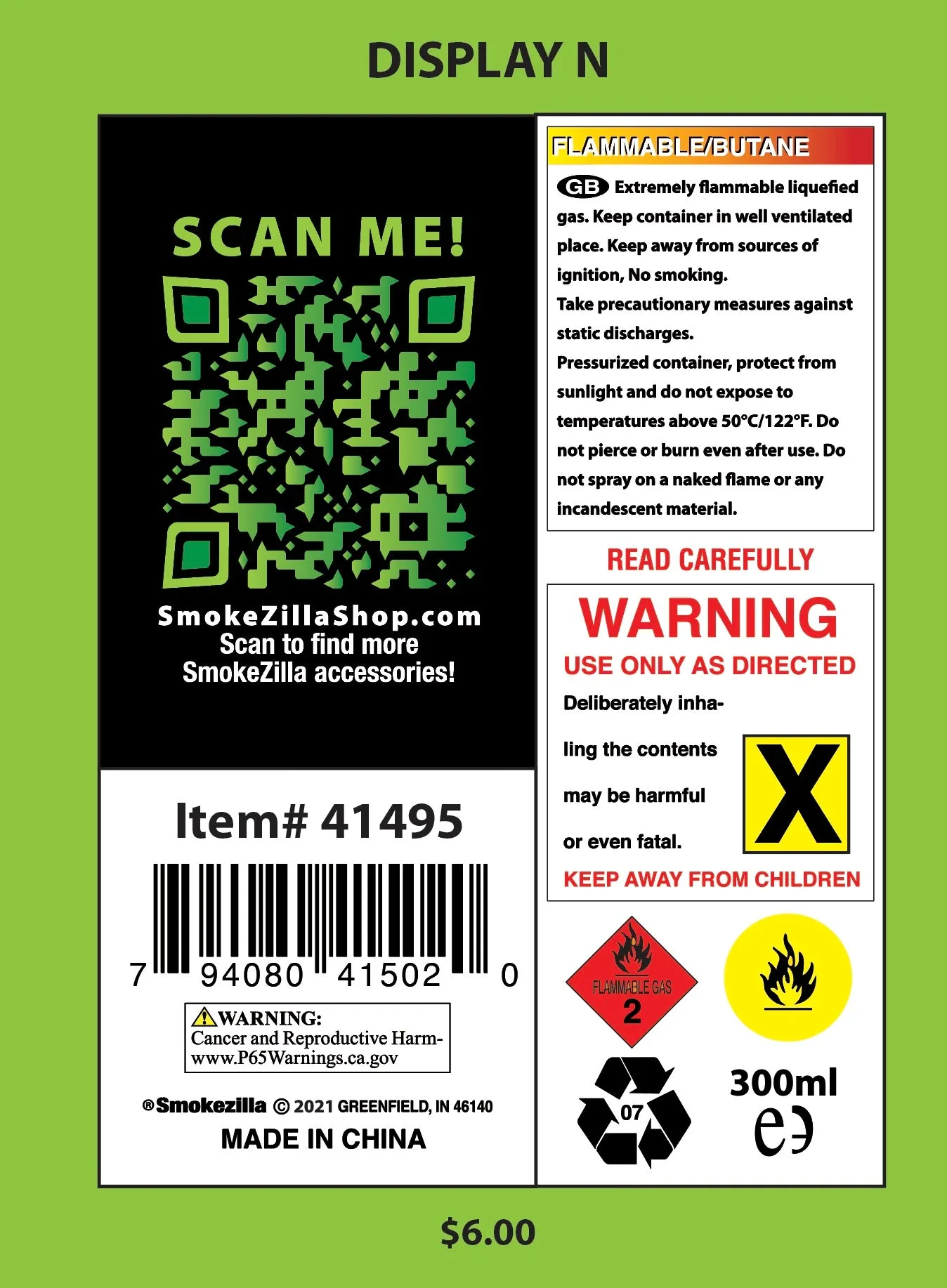 300ML Bulk Smokezilla Butane Refill - 6 Pieces Per Retail Ready Display 41495