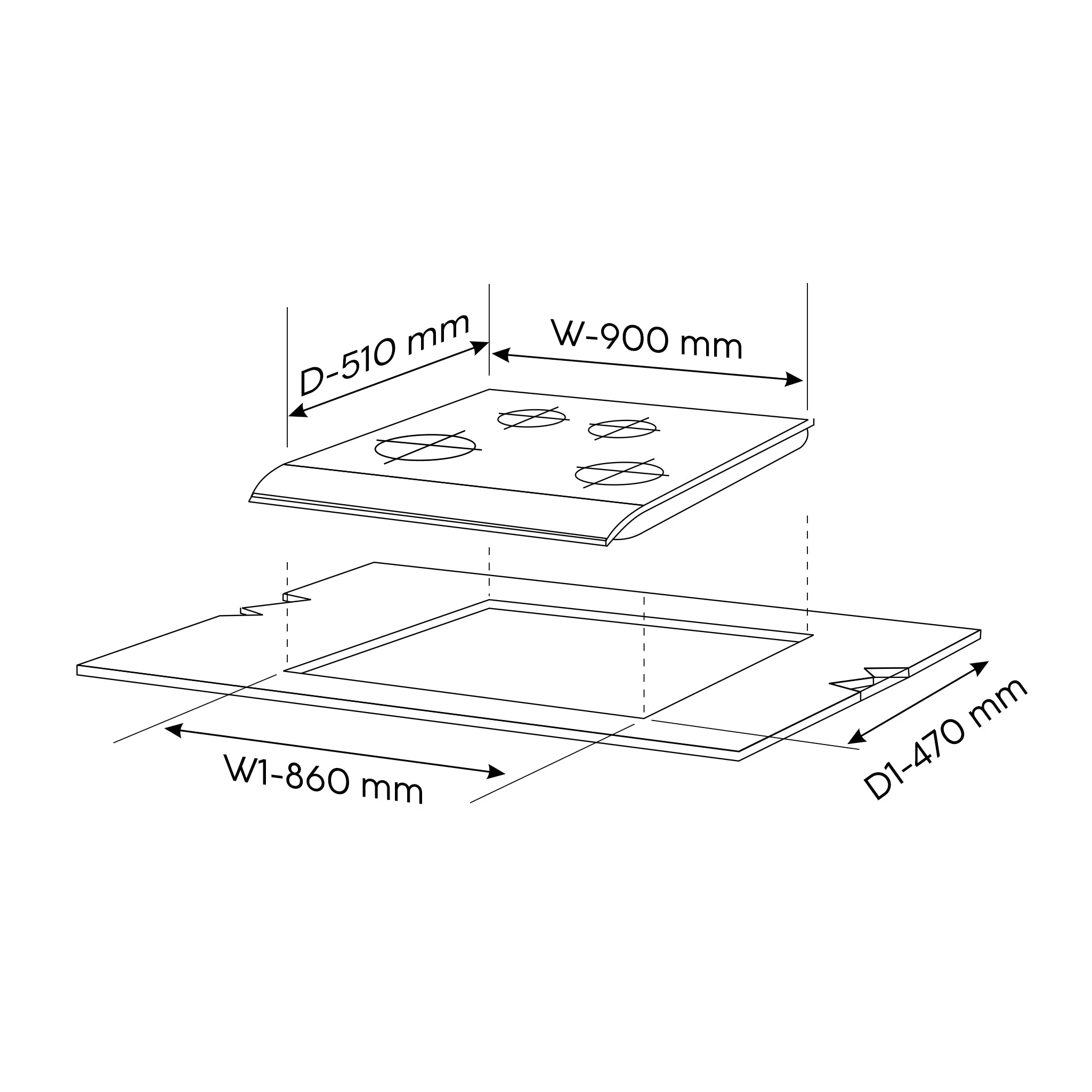 4 Burner Glass Gas Hob Top with Triple Ring, Total Double Ring Brass Burner (1094XLCIHTT2TRMG)