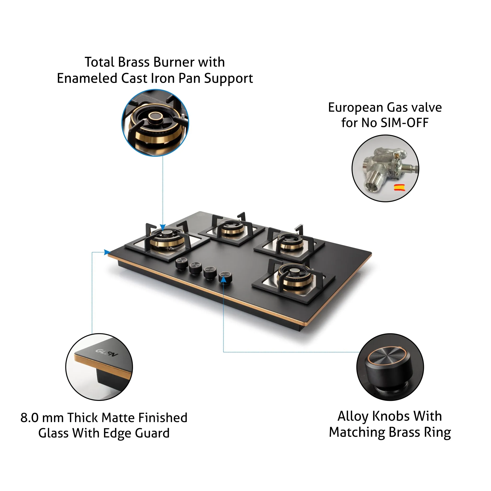4 Burner Glass Gas Hob Top with Triple Ring, Total Double Ring Brass Burner (1094XLCIHTT2TRMG)