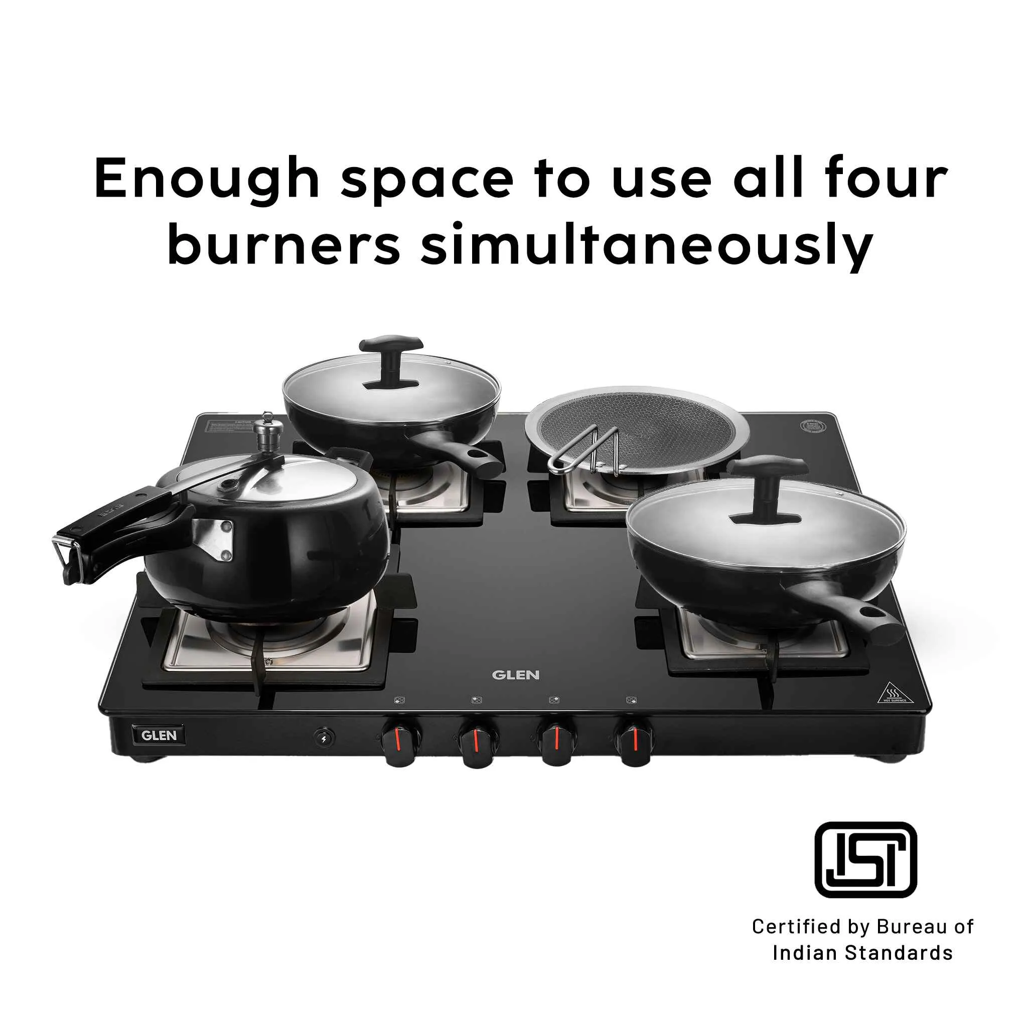 4 Burner Ultra Slim Glass Gas Stove 1 High Flame 3 Forged Brass Burner - Manual / Auto Ignition (1048 SL SQ  BL FB)