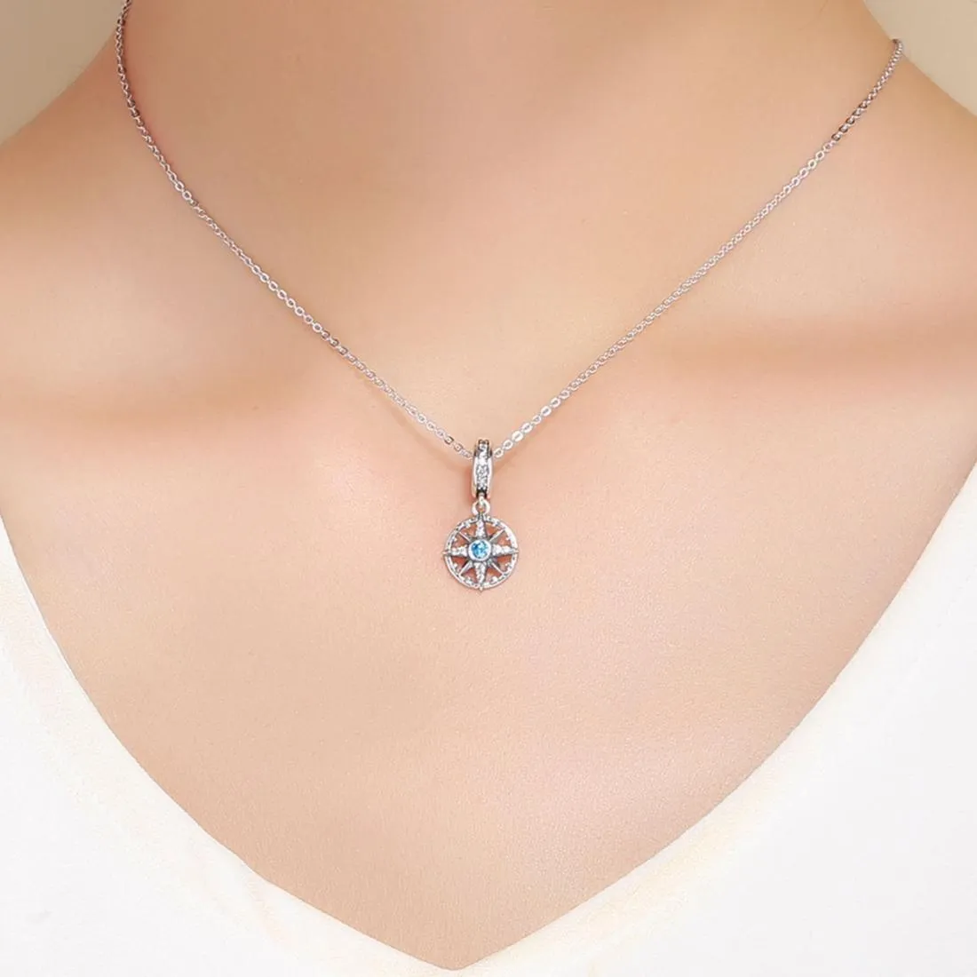 925 Sterling Silver Compass Pendant Necklace