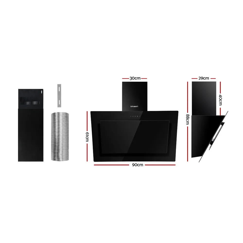 Black Tempered Glass 900mm Range Hood, 3-Speed, Devanti