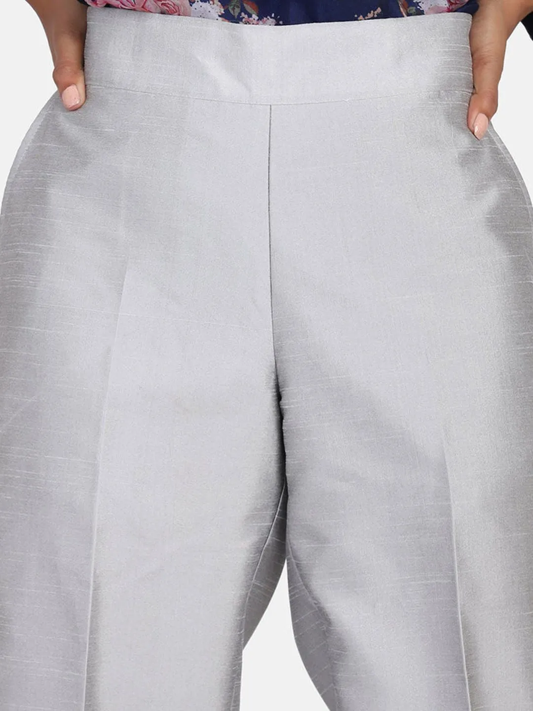 Dupioni Silk Mid Waist Trousers - Silver