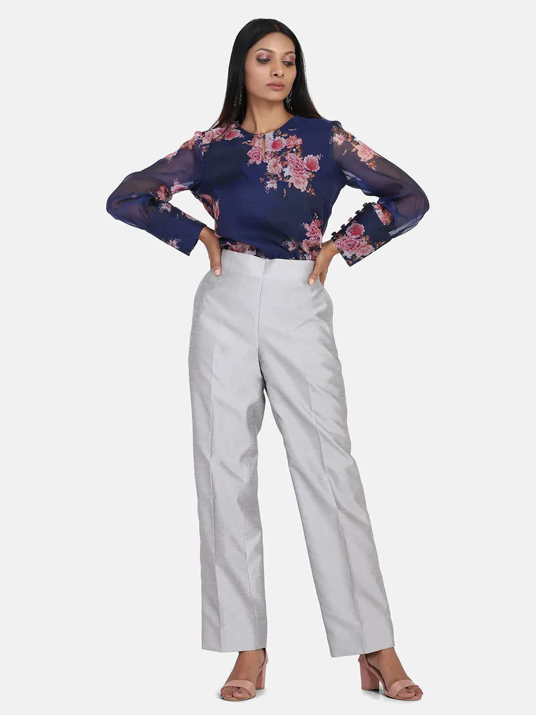 Dupioni Silk Mid Waist Trousers - Silver