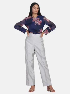 Dupioni Silk Mid Waist Trousers - Silver