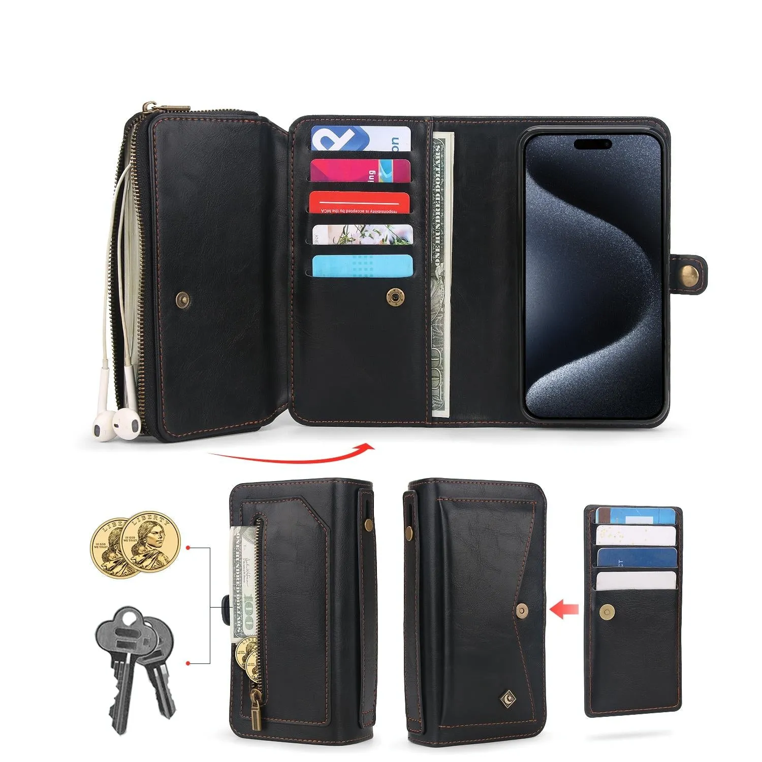 For Iphone 15 Multi-Functional Zipper Wallet Leather Phone Case