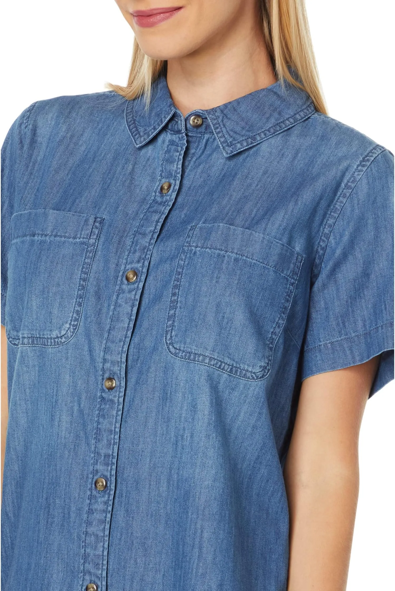 Lightweight Heritage Short Sleeve Lean Denim Shirt in Medium Indigo