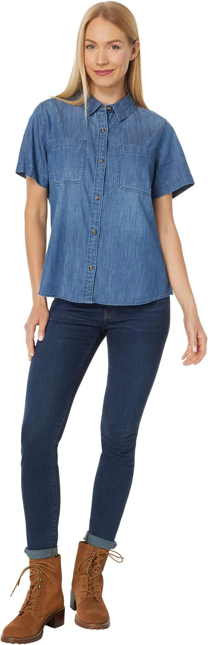 Lightweight Heritage Short Sleeve Lean Denim Shirt in Medium Indigo
