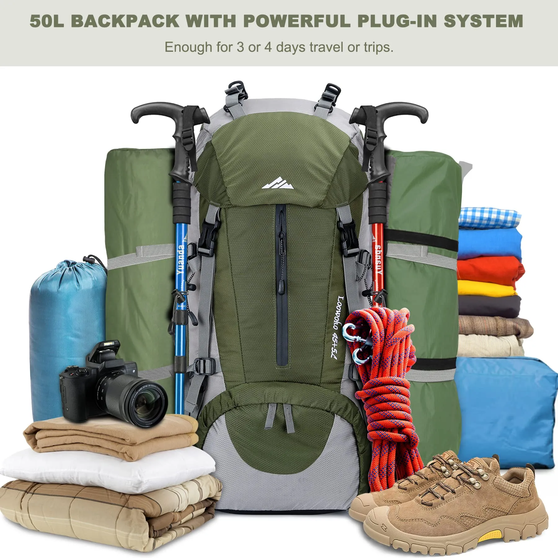 Loowoko 50L Hiking Backpack, Waterproof Camping Essentials Bag with Rain Cover, 45 5 Liter Lightweight Backpacking Back Pack
