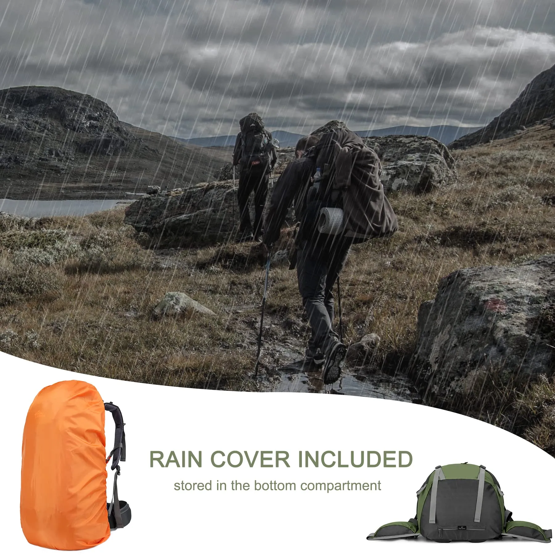 Loowoko 50L Hiking Backpack, Waterproof Camping Essentials Bag with Rain Cover, 45 5 Liter Lightweight Backpacking Back Pack