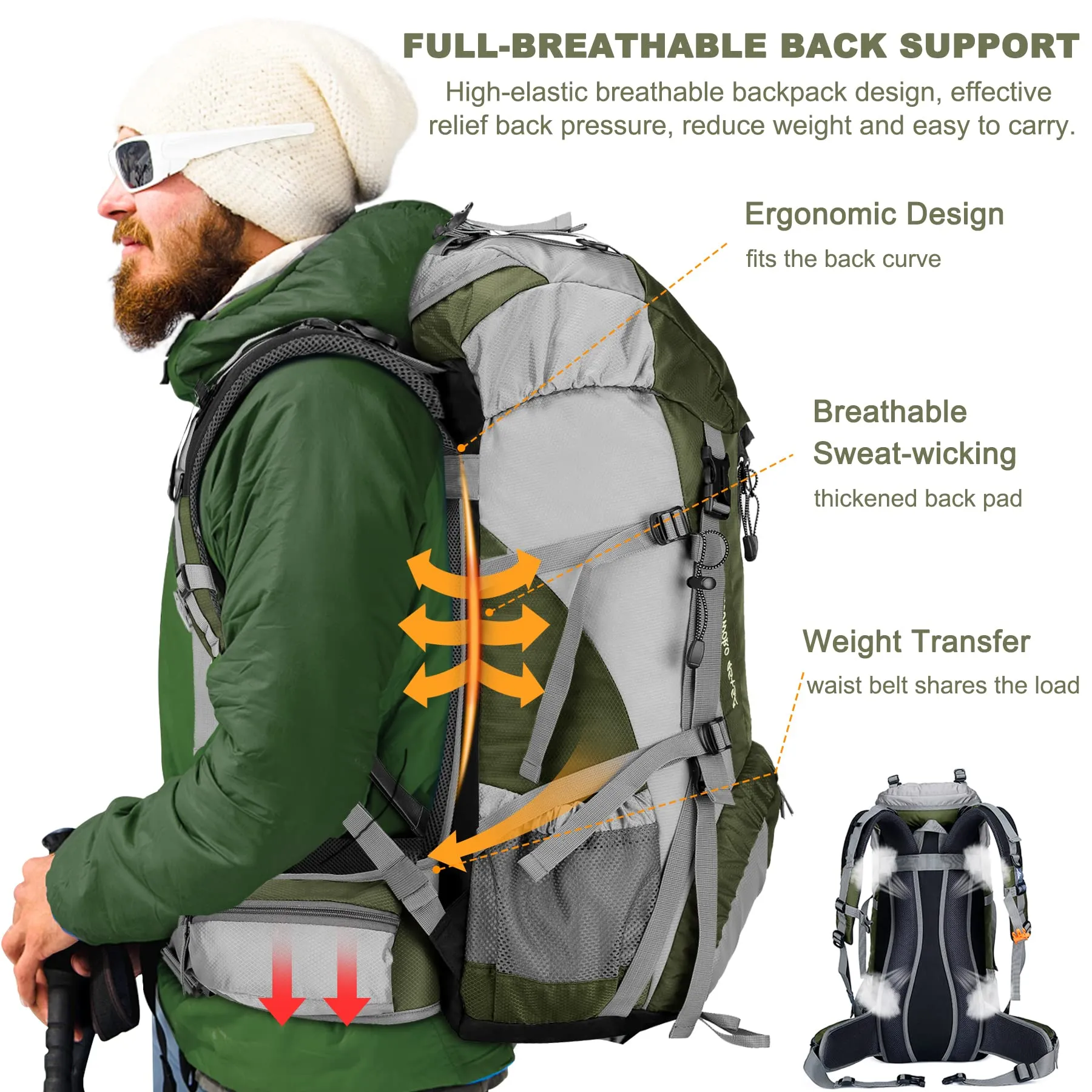 Loowoko 50L Hiking Backpack, Waterproof Camping Essentials Bag with Rain Cover, 45 5 Liter Lightweight Backpacking Back Pack