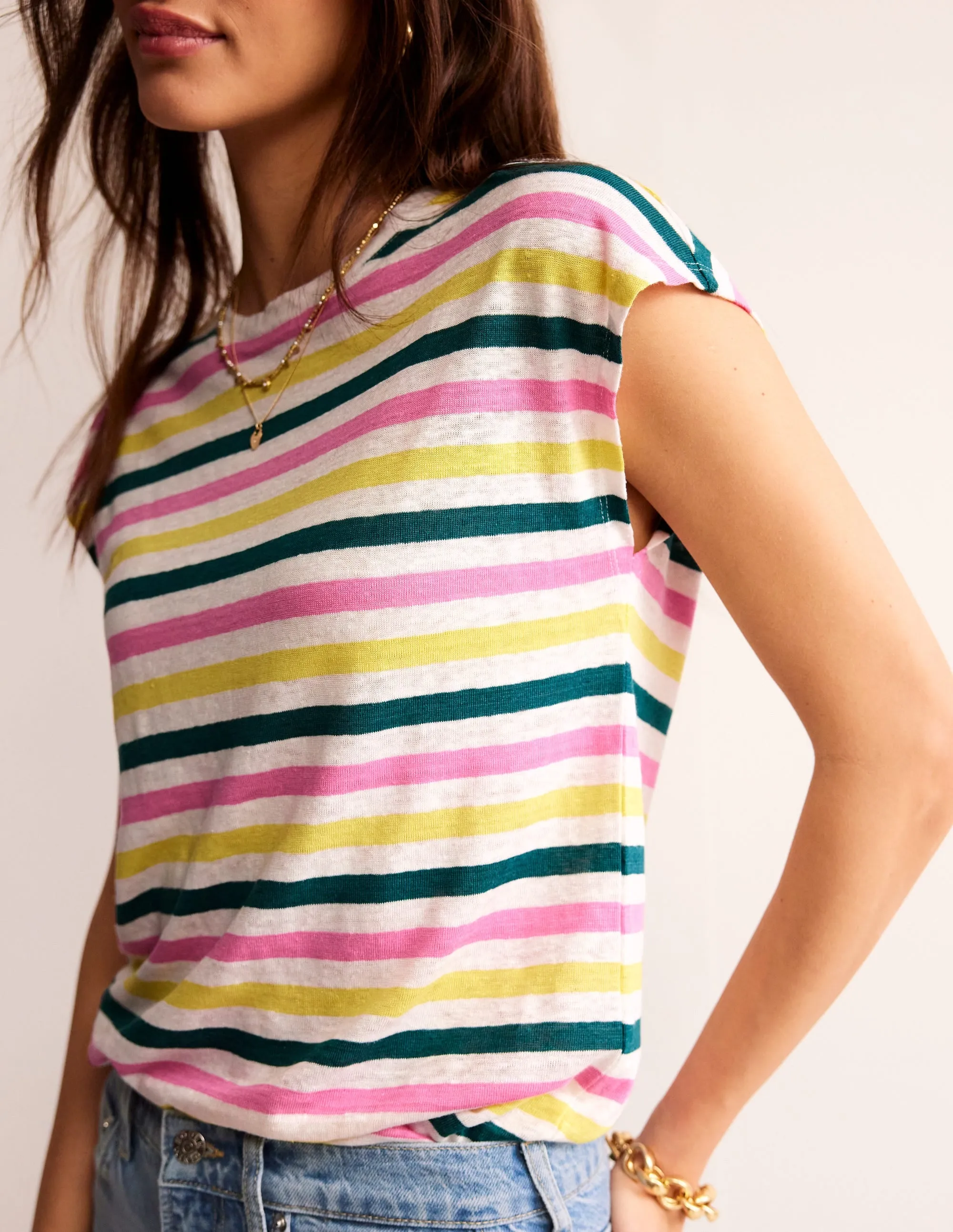 Louisa Crew Neck Linen T-shirt-Multi Stripe