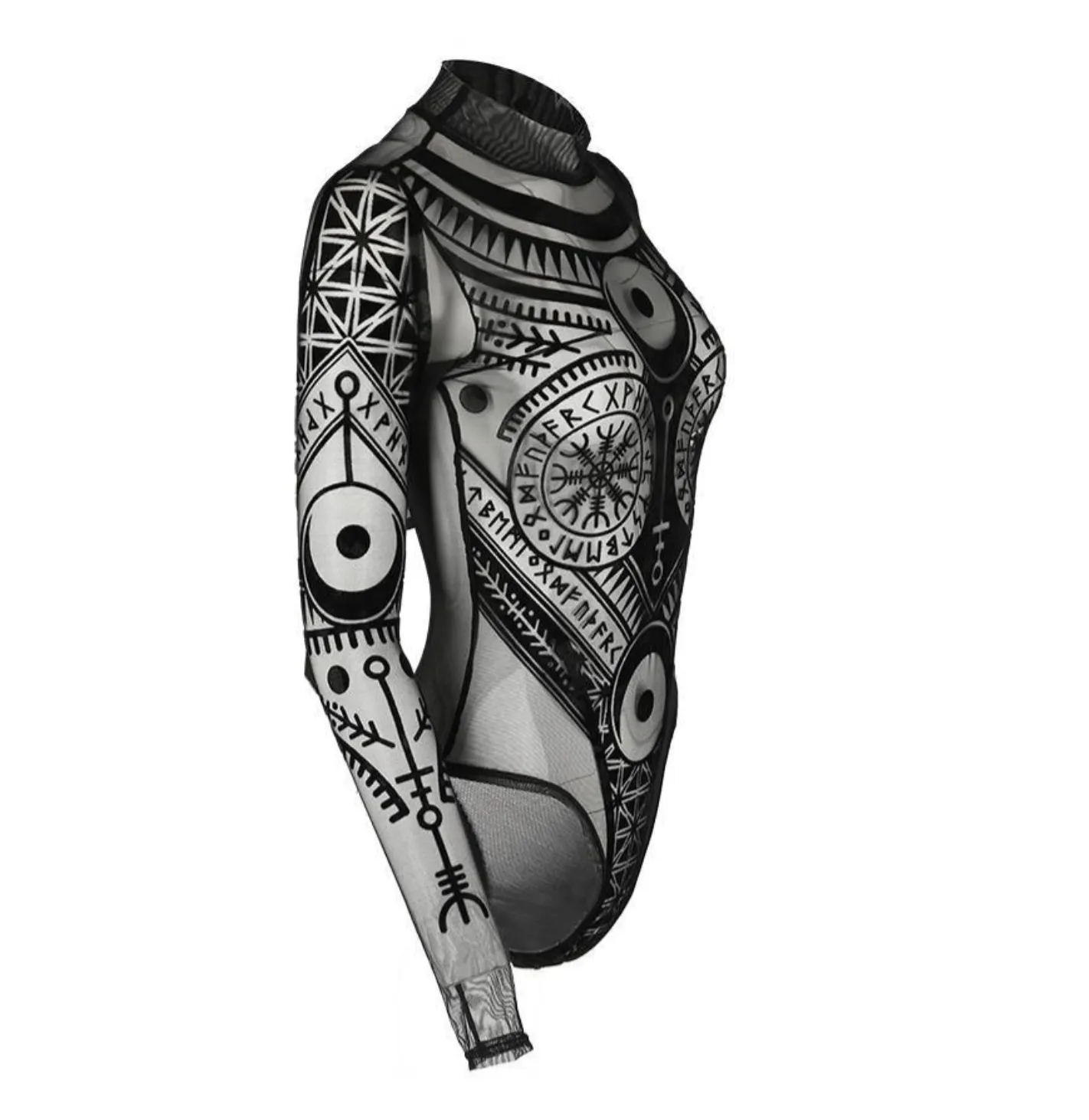 Mesh Gothic Bodysuit - Runic motif