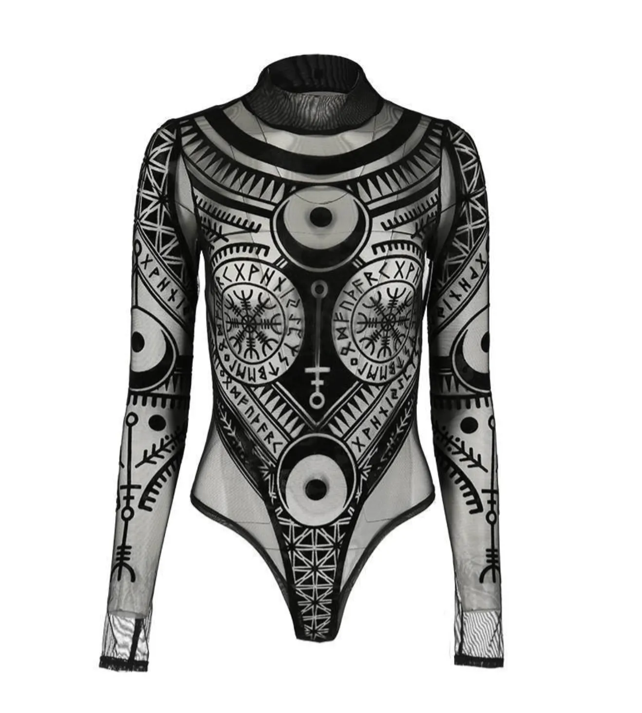 Mesh Gothic Bodysuit - Runic motif