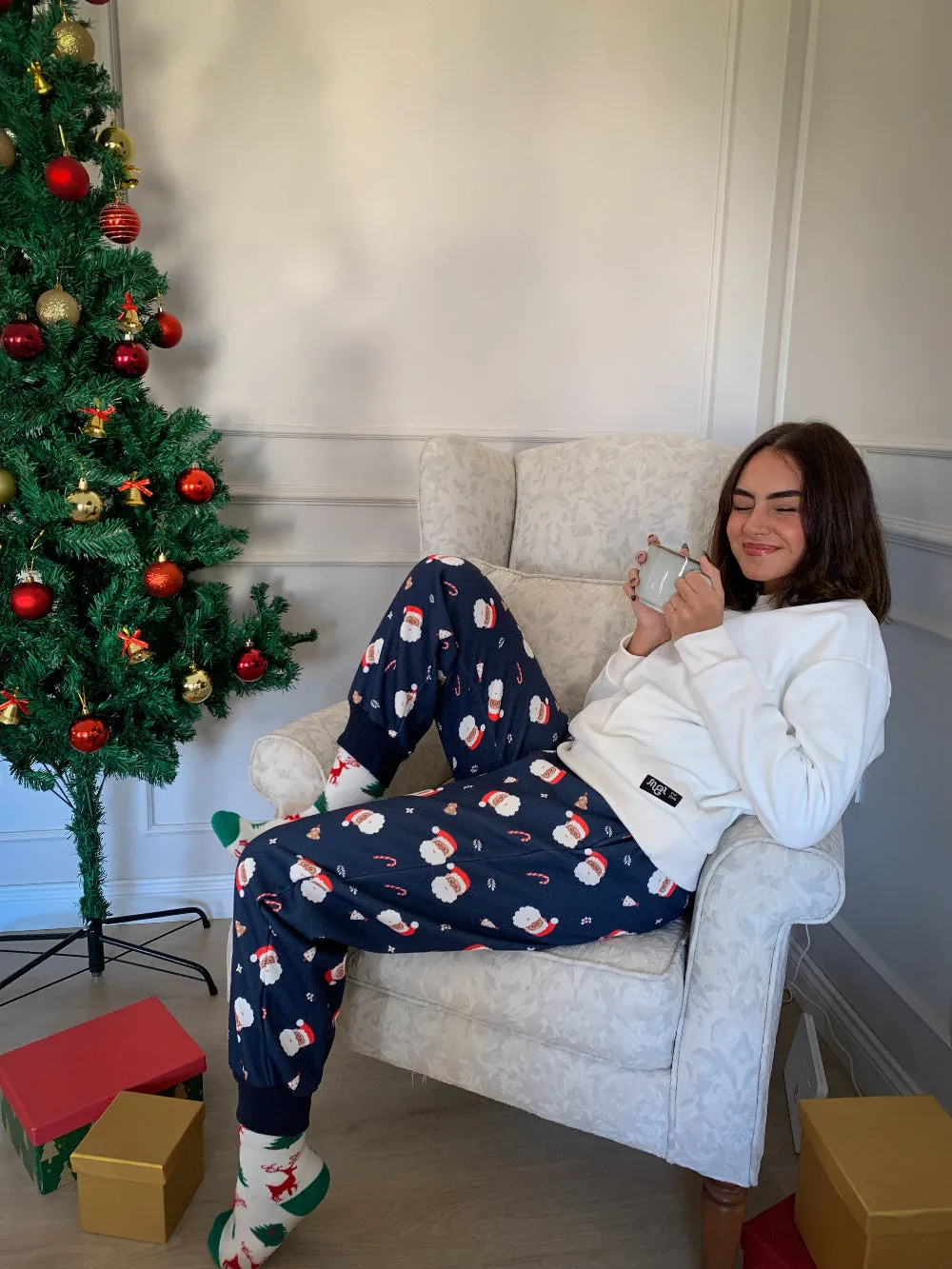 Women Winter Pajama Set Off White Sweatshirt   Pants