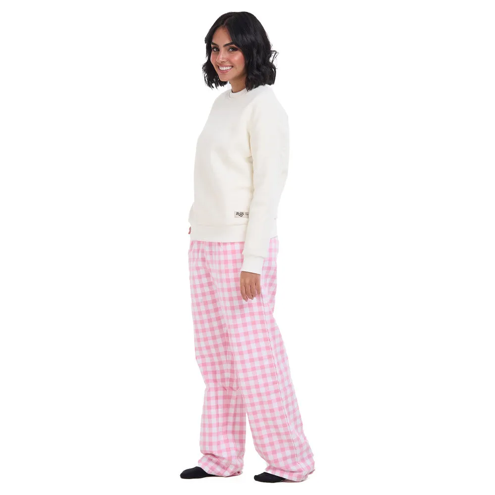 Women Winter Pajama Set Off White Sweatshirt  Pink Gingham Pattern Pants