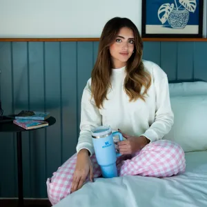 Women Winter Pajama Set Off White Sweatshirt  Pink Gingham Pattern Pants