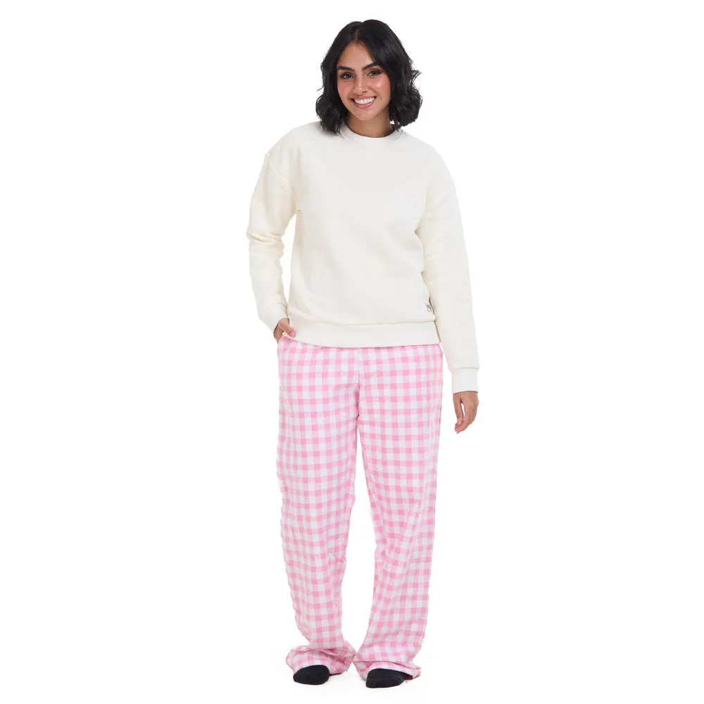 Women Winter Pajama Set Off White Sweatshirt  Pink Gingham Pattern Pants