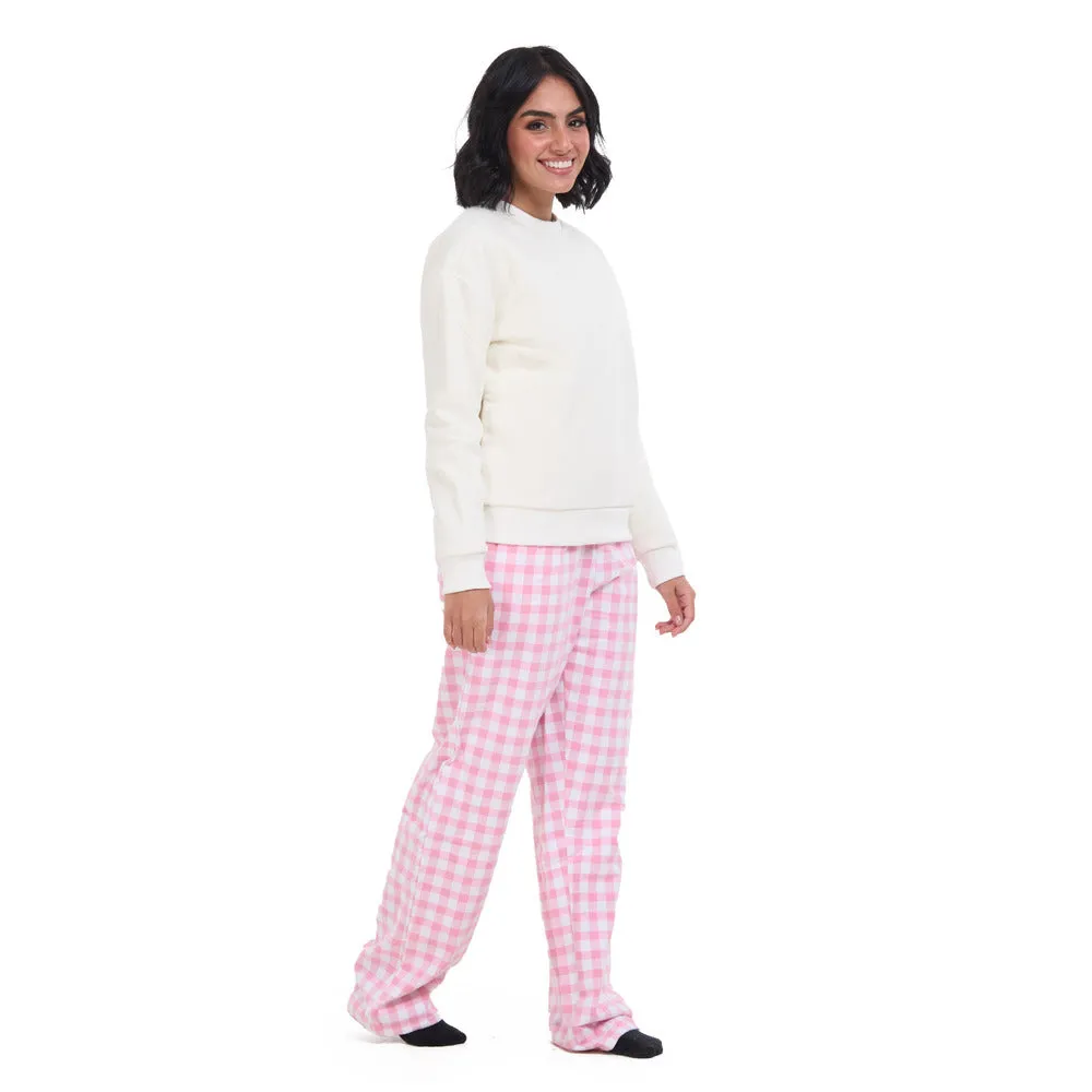 Women Winter Pajama Set Off White Sweatshirt  Pink Gingham Pattern Pants