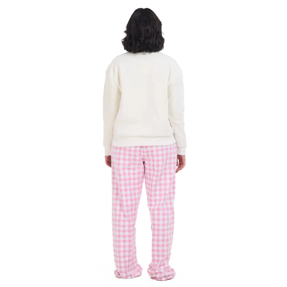 Women Winter Pajama Set Off White Sweatshirt  Pink Gingham Pattern Pants