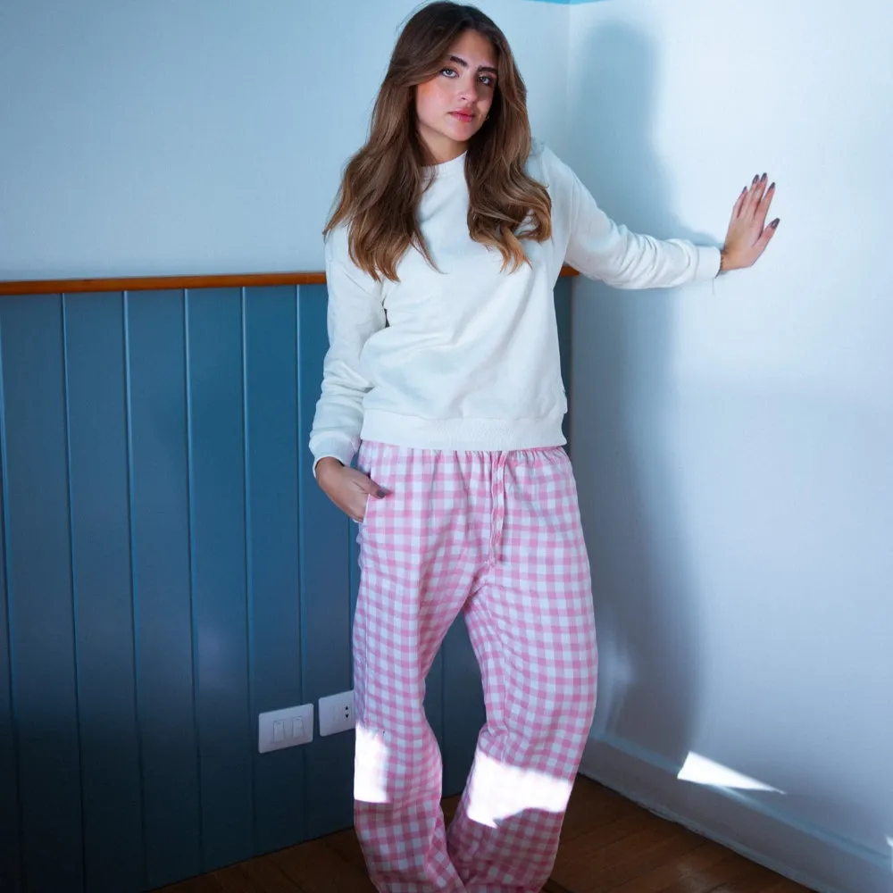 Women Winter Pajama Set Off White Sweatshirt  Pink Gingham Pattern Pants